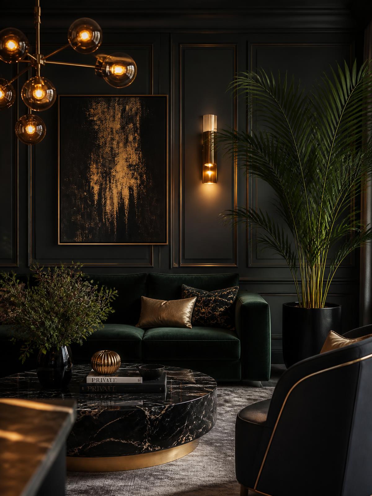 Dark lounge interior with gold lighting and velvet seating